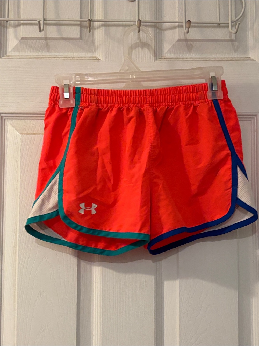 Under Armour Women's Neon Coral Athletic Shorts with Teal & Blue Trim